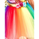 Unicorn Rainbow Tutu Child Costume, rainbow skirt with organza overlay with flowers at waist.