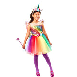 Unicorn Rainbow Tutu Child Costume, sleeveless knee length dress rainbow sequin bodice, rainbow skirt, wings and unicorn headband with flowers.plus wand.