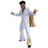 Vegas Rockstar Male Costume, white jumpsuit, high collar, attached cape with gold lining, and gold flare in pants plus fringed belt.