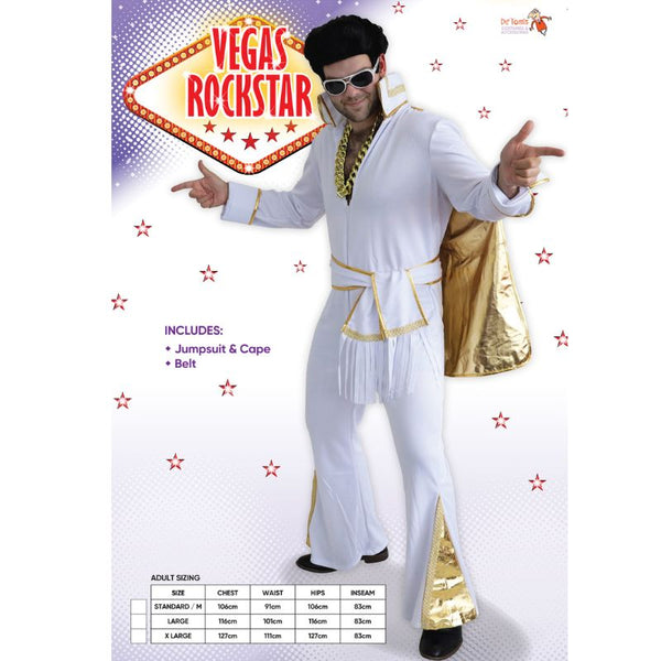 Vegas Rockstar Male Costume, white jumpsuit with attached cape, gold flare in pants and fringed belt.
