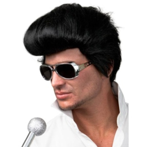 King of Rock Wig, black wig with large swept back fringe.