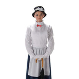 Victorian Nanny Costume - Adult, white shirt with cute bow tie, hat with flowers.