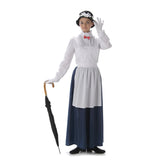 Victorian Nanny Costume - Adult, grey skirt, white shirt, apron, hat with flowers and gloves.