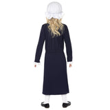 Victorian Poor Girl, navy long girls dress with attached apron and mop hat.