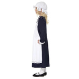 Victorian Poor Girl, long navy dress with attached apron and mop hat.