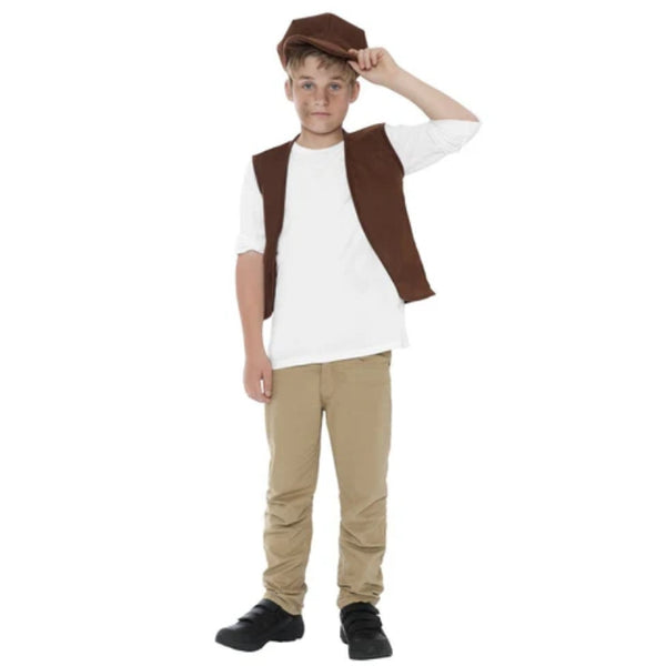 Victorian Urchin Set Boys Costume, brown vest and flat hat, child size.