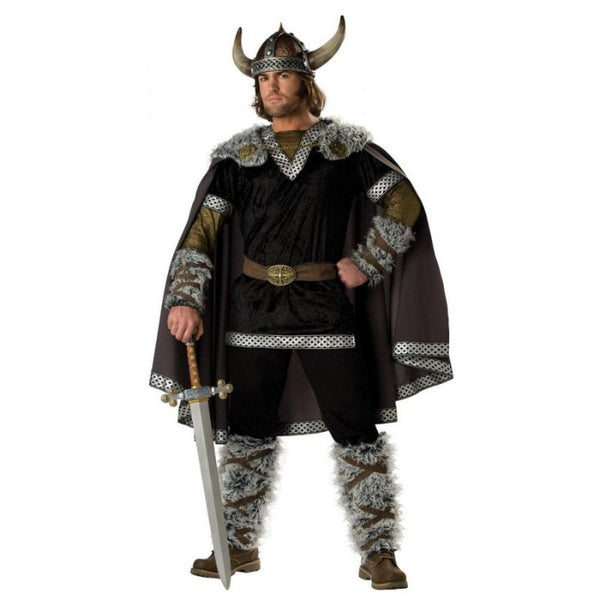 Viking warrior fancy dress costume includes, tuic with mesh sleeves and braid. Hire includes, tunic, fur trimmed cape, fur boot tops, sword, helmet, shield.