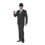 Vintage Gangster Boss Adult Costume, black and white striped suit with spotted tie.