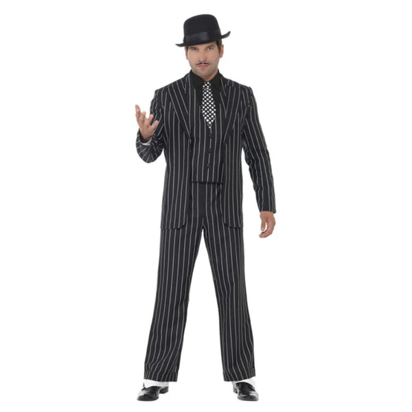 Vintage Gangster Boss Adult Costume, black striped jacket, trousers, waistcoat, mock shirt and tie.