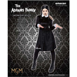 Wednesday Addams Family Costume Adult, black knee length dress with white collar and cuffs with logo near hemline plus wig.