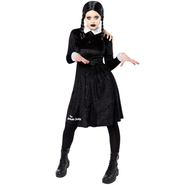 Wednesday Addams Family Costume Adult, black knee length dress with white collar and cuffs with logo near hemline plus wig.