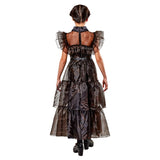 Wednesday Rave'n Deluxe Costume - Child, long black dress with organza frills on skirt, chest and shoulders.