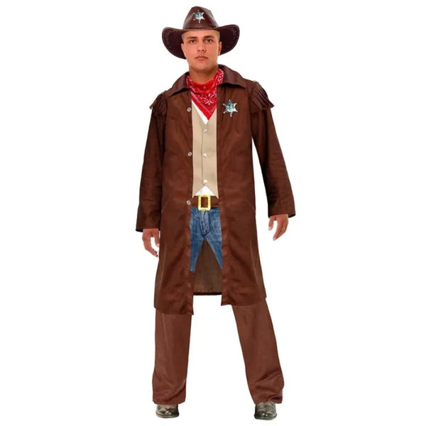 Western Sheriff Adult Costume, long jacket with fringing, waist coat, chaps, belt and bandana.
