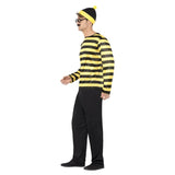 Where's Wally Odlaw Costume, black and yellow long sleeve shirt, black trousers, hat, moustache and glasses.