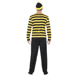 Where's Wally Odlaw Costume, black and yellow long sleeve shirt, black trousers, hat, moustache and glasses.