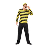 Where's Wally Odlaw Costume, black and yellow long sleeve shirt, black trousers, hat, moustache and glasses.