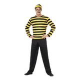 Where's Wally Odlaw Costume, black and yellow long sleeve shirt, black trousers, hat, moustache and glasses.