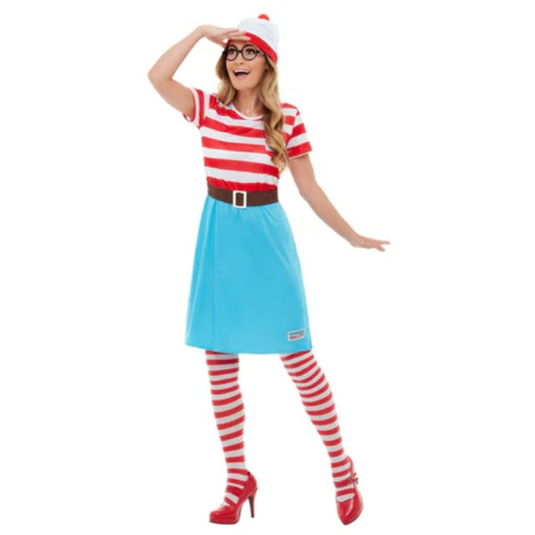 Wheres wally wenda ladies costume, dress with blue skirt, red and white short sleeve bodice, hat and glasses.