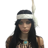 White Feather Headdress for a squaw with lacing, bead decal and feature feathers.