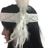 White Feather Headdress for a squaw with lacing, bead decal and feature feathers.