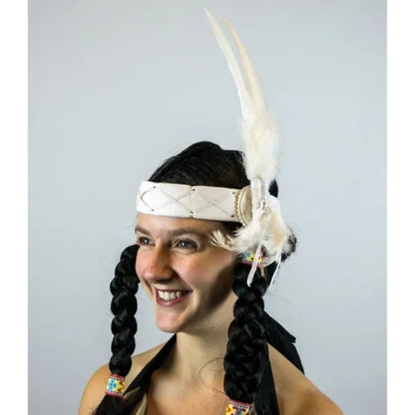 White Feather Headdress for a squaw, vinyl with lacing and 2 feature cock feathers.