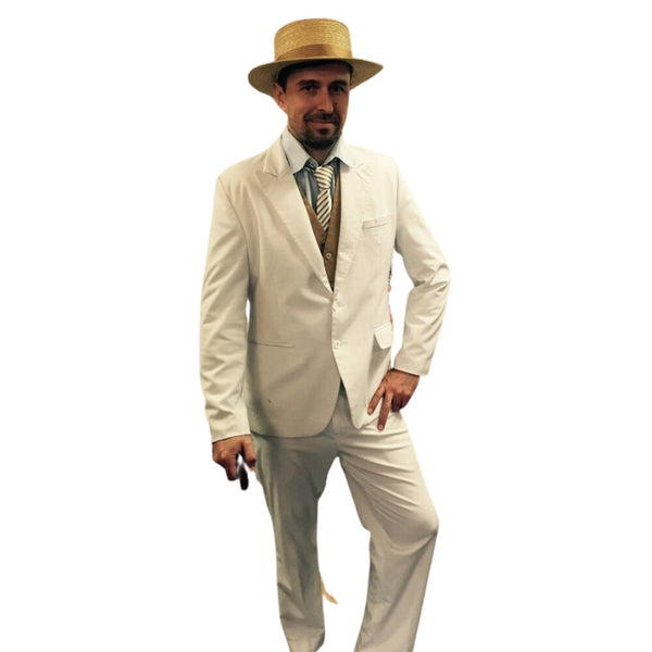 White Gatsby Suit - Hire, mens quality white suit, jacket, pants, brown vest, blue shirt, stripe tie, and straw boater hat.