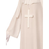 White Nun Costume, veil like havit with collar piece and headpiece plus large plastic cross on cord.