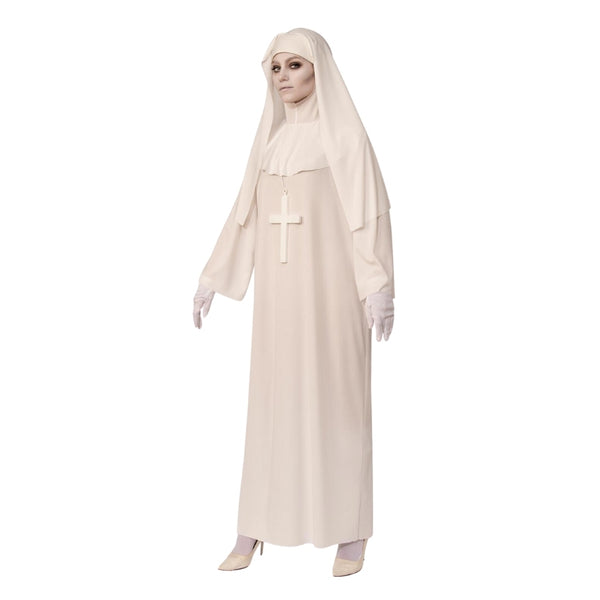 White Nun Costume, veil like havit with collar piece and headpiece plus plastic cross on cord.