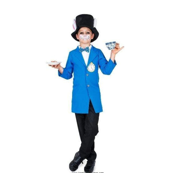 White Rabbit Costume - Child, blue long coat with clock image on ches, shirt with bowtie insert and hat with ears.