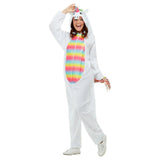 White Unicorn Costume - Adult, jumpsuit with attached hood, rainbow tummy and tail, face and horn on hood.