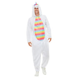 White Unicorn Costume - Adult, jumpsuit with rainbow tummy and tail, attached hood with unicorn face and horn.
