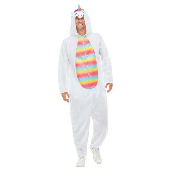 White Unicorn Costume - Adult, jumpsuit with rainbow tummy and tail, attached hood with unicorn face and horn.
