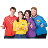 Wiggles adult costume top, group image with red, yellow, purple and blue tops.