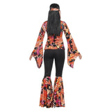 Willow the Hippie Costume, retro print top with trumpet sleeves, black flares with coloured flare, headscarf and medallion.