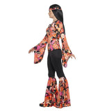 Willow the Hippie Costume, retro print top with trumpet sleeves, black flares with coloured flare, headscarf and medallion.