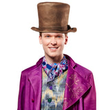 Willy Wonka Premium Costume - Adult, long purple coat with digital print on lapels, sleeves, faux pockets. coloured vest with buttons and scarf. brown top hat.
