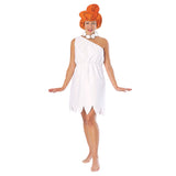 Wilma Flintstone Classic Costume - Hire, white single strap dress with jagged hemline, necklace and quality orange wig.