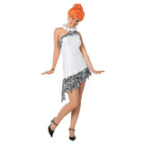 Wilma Flintstone Deluxe Costume - Hire, white dress with zebra print neckline and hemline. Hire includes dress, wig and necklace.