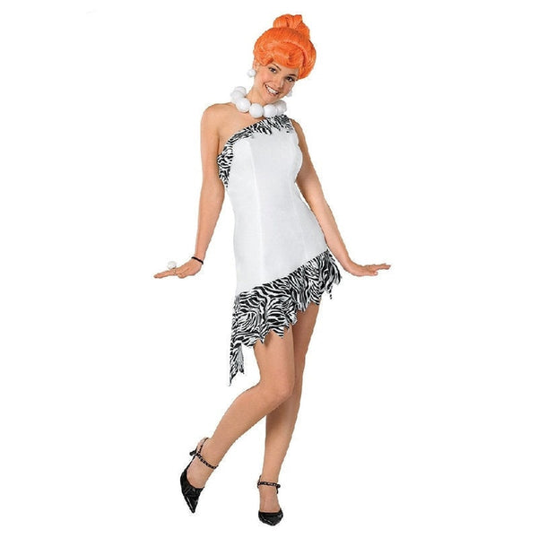 Wilma Flintstone Deluxe Costume - Hire, white dress with zebra print neckline and hemline. Hire includes dress, wig and necklace.