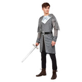 Winter Warrior King Costume-Grey, knee length tunic in grey print with grey fur capelet.