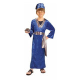 wise man child costume, long blue velour gown with silver trim and matching sash plus blue fez with black tassel.
