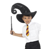 Wizard kit in black, includes a hat which can be folded out to correct shape, smallish tie in maroon and gold and plastic wand measures 29 cm.