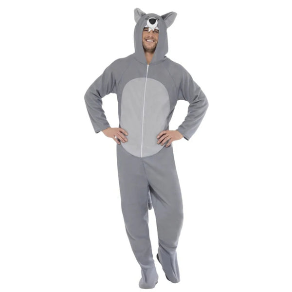 Wolf costume, hooded all in one, in grey with lighter grey tummy, zip up at the front.