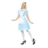 Wonder Princess ladies costume, blue dress with white apron, puffy sleeves and headband.