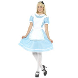 Wonder princess ladies costume in blue knee length dress with peter pan collar, whate apron with blue trim and headband.