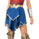 Wonder Woman 1984 Deluxe Costume - Adult, blue layered skirt with attached gold belt. silver and gold gauntlets.