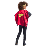 Wonder Woman Girls Cape Set, red cape with "WW" logo and gold headpiece with star.