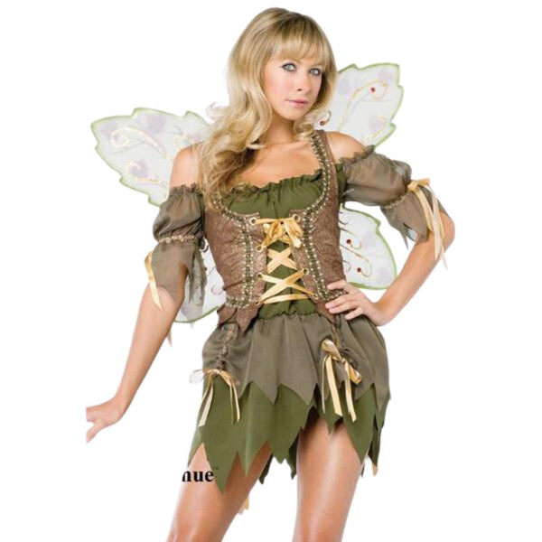 Wood Nymph - Hire, garden fairy look, uneven hemline brown corsel, off the shouler dress and wings.