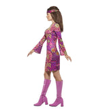 Woodstock Hippie Ladies Costume, pink and purple print dress, headband and silver medallion.