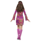 Woodstock Hippie Ladies Costume, pink and purple a line dress with headband, mid calf length.